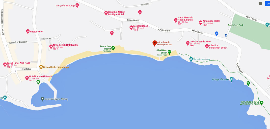 Karte von der Bucht von Ayia Napa auf Google Maps