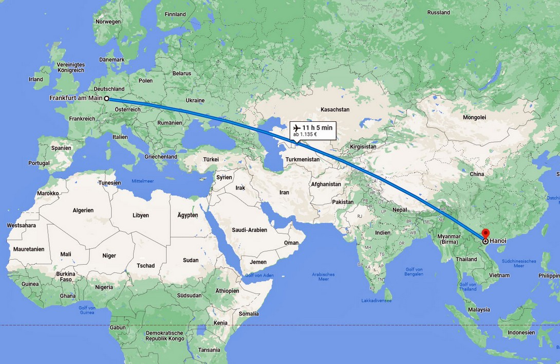 Flugroute von Frankfurt nach Hanoi