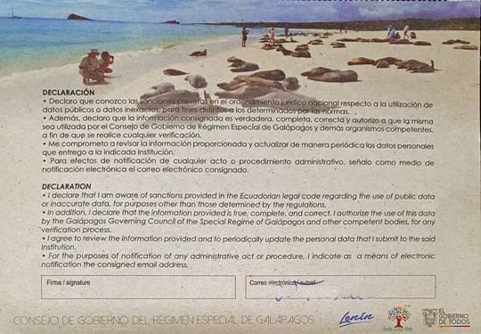 Einreisekarte Galapagos Rückseite