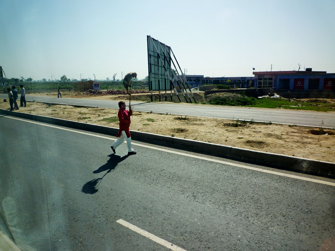 Bauer mit Affen auf der Autobahn