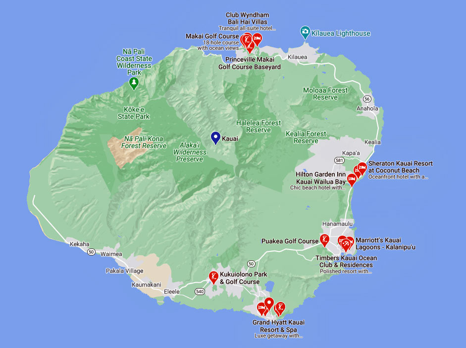 Lage der Golfplaetze in Kauai