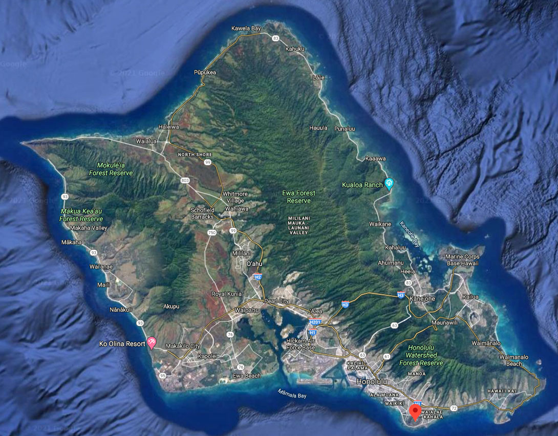 Google Satellitenbild von Oahu Google Satellitenbild von Oahu