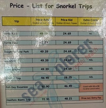 Preistabelle für Schnorcheltouren