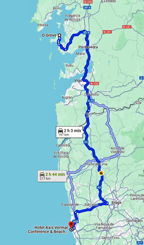 Fahrtroute von Porto nach O Grove