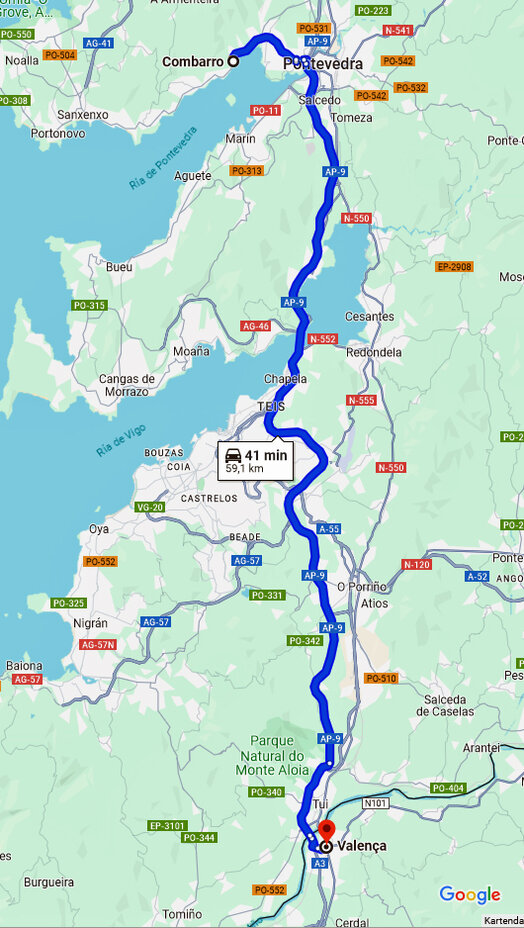 Die Fahrtroute von Cambarro nach Valença