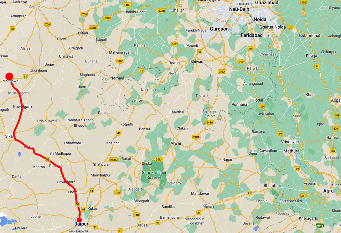 Route von Mandawa nach Jaipur