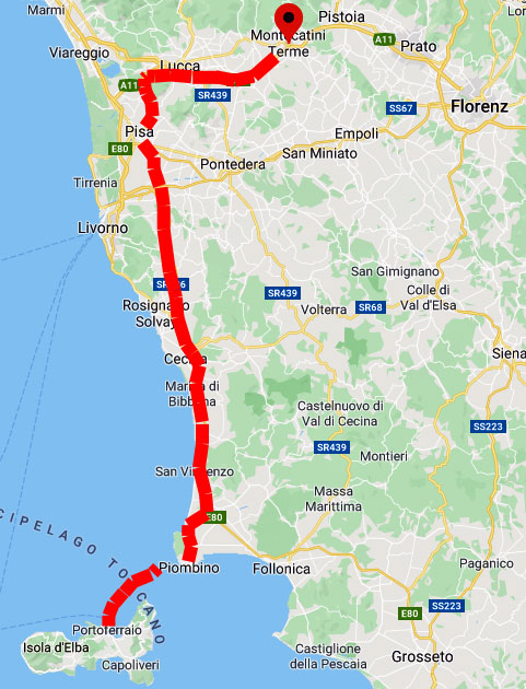 Route von Montecatini nach Piombino
