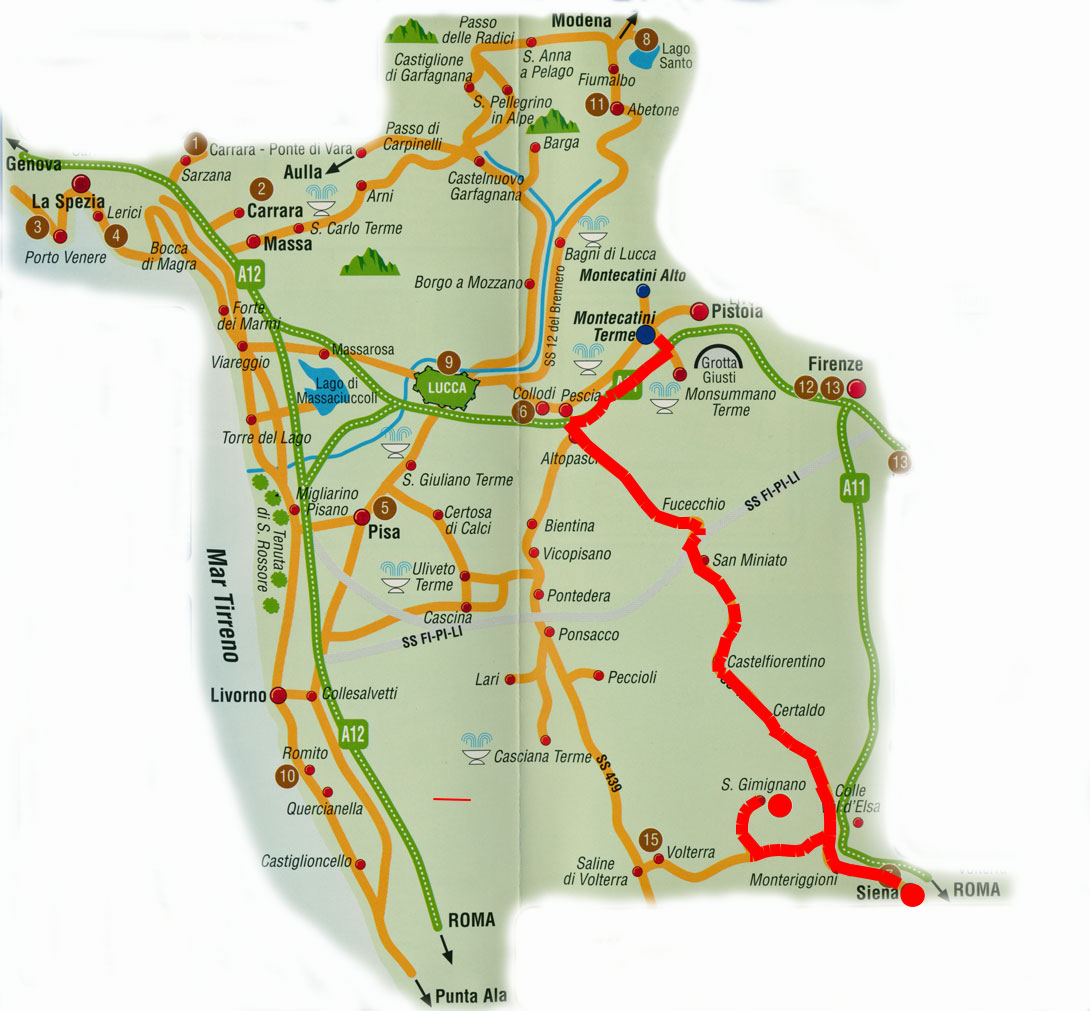 Route von Montecatini nach Siena und San Gimignano