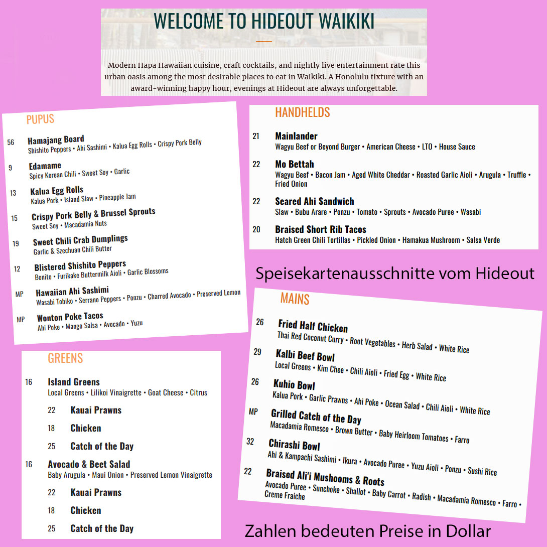 Apeisekartenausschnitte vom Hideout in Waikiki