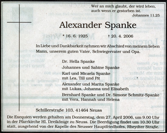 Todesanzeige Alexander Spanke