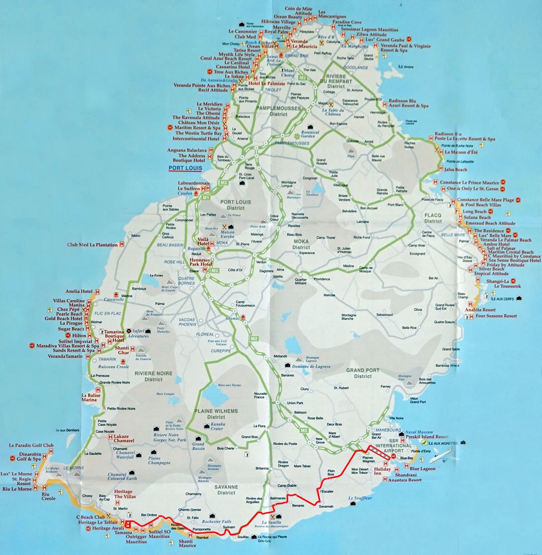 Mauritius Touristenkarte mit eingezeichneten Hotels