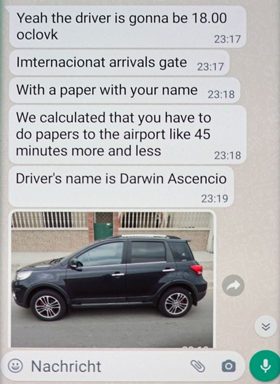 Whatsapp-Nachricht vom Hotel Punta Centinela